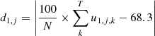 Mathematical equation: $$ \begin{aligned} d_{1,j} = \left| \frac{100}{N} \times \sum _k^T u_{1,j,k} - 68.3\right|\end{aligned} $$