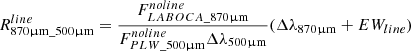 Mathematical equation: $$ \begin{aligned} R^{line}_{870 \upmu \mathrm{m}\_ 500 \upmu \mathrm{m}} = \frac{F_{LABOCA\_870 \upmu \mathrm{m}}^{noline}}{F_{PLW\_500 \upmu \mathrm{m}}^{noline} \Delta \lambda _{500 \upmu \mathrm{m}}} (\Delta \lambda _{870 \upmu \mathrm{m}} + EW_{line}) \end{aligned} $$