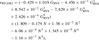 Mathematical equation: $$ \begin{aligned}&\epsilon _{\rm RV,DR2} = (-0.429 + 1.019\; G_{\rm RVS} - 4.456\times 10^{-1} \;G_{\rm RVS}^2 \nonumber \\&\qquad \quad + 8.542\times 10^{-2} \; G_{\rm RVS}^3 - 7.629\times 10^{-3}\; G_{\rm RVS}^4 \nonumber \\&\qquad \quad + 2.626\times 10^{-4}\; G_{\rm RVS}^5)\nonumber \\&\qquad \quad \times (1.809 -0.179\; N + 1.38\times 10^{-2}\; N^2\nonumber \\&\qquad \quad - 6.06\times 10^{-4}\; N^3 + 1.345 \times 10^{-5}\; N^4\nonumber \\&\qquad \quad - 1.16\times 10^{-7}\; N^5), \end{aligned} $$