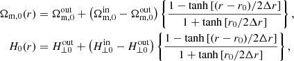 Mathematical equation: $$ \begin{aligned} \Omega _{\rm m,0}(r)&= \Omega ^{\mathrm{out} }_{\rm m,0} + \left( \Omega ^{\mathrm{in} }_{\rm m,0} - \Omega ^{\mathrm{out} }_{\rm m,0}\right) \left\{ \frac{1 - \tanh \left[ (r - r_0)/2 \Delta r \right] }{1 + \tanh \left[ r_0/2 \Delta r \right] } \right\} , \\ H_0(r)&= H_{\perp 0}^{\mathrm{out} } + \left( H_{\perp 0}^{\mathrm{in} } -H_{\perp 0}^{\mathrm{out} } \right) \left\{ \frac{1 - \tanh \left[ (r - r_0)/2 \Delta r \right] }{1 + \tanh \left[ r_0/2 \Delta r \right] } \right\} , \end{aligned} $$
