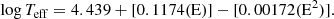 Mathematical equation: $$ \begin{aligned} \mathrm{log} \, T_{\mathrm{eff} } = 4.439 + [0.1174(\mathrm{E} )] - [0.00172(\mathrm{E} ^2)] .\end{aligned} $$