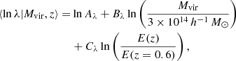 Mathematical equation: $$ \begin{aligned} \langle \ln \lambda | M_{\rm vir}, z \rangle =&\ln A_\lambda + B_\lambda \ln {\left(\frac{M_{\rm vir}}{3\times 10^{14}{\,{h}^{-1}\,{M}_{\odot }}}\right)} \nonumber \\&+ C_\lambda \ln {\left(\frac{E(z)}{E(z=0.6)}\right)}\,, \end{aligned} $$
