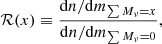 Mathematical equation: $$ \begin{aligned} \mathcal{R} (x) \equiv \frac{{\mathrm{d}} n/{\mathrm{d}} m_{\sum M_\nu =x}}{{\mathrm{d}} n/{\mathrm{d}} m_{\sum M_\nu =0}}, \end{aligned} $$