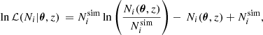 Mathematical equation: $$ \begin{aligned} \ln \mathcal{L} (N_i|\boldsymbol{\theta }, z) \,= N_{i}^\mathrm{sim} \ln \left(\frac{N_{i}(\boldsymbol{\theta },z)}{N_{i}^\mathrm{sim}}\right) - \, N_{i}(\boldsymbol{\theta }, z) + N_{i}^\mathrm{sim}, \end{aligned} $$