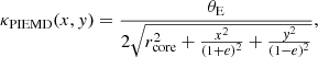 Mathematical equation: $$ \begin{aligned} \kappa _\mathrm{PIEMD} (x,{ y}) = \frac{\theta _{\rm E}}{2 \sqrt{r_{\rm core}^2+\frac{x^2}{(1+e)^2}+\frac{{ y}^2}{(1-e)^2}}} , \end{aligned} $$