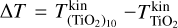 Mathematical equation: ${\rm{\Delta }}T = T_{{{\left( {{\rm{Ti}}{{\rm{O}}_{\rm{2}}}} \right)}_{{\rm{10}}}}}^{{\rm{kin}}} - T_{{\rm{Ti}}{{\rm{O}}_{\rm{2}}}}^{{\rm{kin}}}$