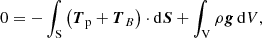 Mathematical equation: $$ \begin{aligned} 0=-\int _{\rm S} \left({\boldsymbol{T}}_{\rm p}+{\boldsymbol{T}}_{B}\right)\cdot \mathrm{d}{\boldsymbol{S}}+\int _{\rm V} \rho {\boldsymbol{g}}\, \mathrm{d}V, \end{aligned} $$