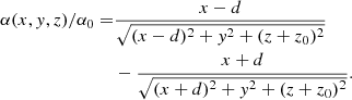 Mathematical equation: $$ \begin{aligned} \alpha (x,{ y},z)/\alpha _0=&\frac{x-d}{\sqrt{(x-d)^2+{ y}^2+(z+z_0)^2}}\nonumber \\&-\frac{x+d}{\sqrt{(x+d)^2+{ y}^2+(z+z_0)^2}}. \end{aligned} $$