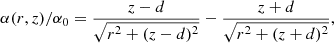 Mathematical equation: $$ \begin{aligned} \alpha (r,z)/\alpha _0=\frac{z-d}{\sqrt{r^2+(z-d)^2}}-\frac{z+d}{\sqrt{r^2+(z+d)^2}}, \end{aligned} $$