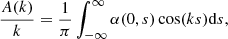 Mathematical equation: $$ \begin{aligned} \frac{A(k)}{k}&=\frac{1}{\pi } \int _{-\infty }^{\infty } \alpha (0,s) \cos (k s) \mathrm{d}s, \end{aligned} $$