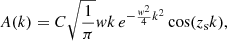 Mathematical equation: $$ \begin{aligned} A(k)&=C \sqrt{\frac{1}{\pi }} { w}k \,e^{-\frac{{ w}^2}{4} k^2}\cos (z_{\rm s} k),\end{aligned} $$