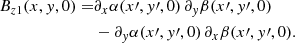 Mathematical equation: $$ \begin{aligned} B_{z1}(x,{ y},0) =&\partial _x\alpha (x^\prime ,{ y}^\prime ,0)\, \partial _{ y} \beta (x^\prime ,{ y}^\prime ,0)\nonumber \\&-\partial _{ y}\alpha (x^\prime ,{ y}^\prime ,0)\, \partial _x \beta (x^\prime ,{ y}^\prime ,0). \end{aligned} $$