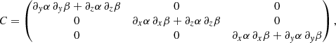 Mathematical equation: $$ \begin{aligned}&C= \begin{pmatrix} \partial _{ y}\alpha \,\partial _{ y}\beta +\partial _z\alpha \,\partial _z\beta&0&0\\ 0&\partial _x\alpha \,\partial _x\beta +\partial _z\alpha \,\partial _z\beta&0\\ 0&0&\partial _x\alpha \,\partial _x\beta +\partial _{ y}\alpha \,\partial _{ y}\beta \end{pmatrix}, \end{aligned} $$