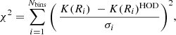 Mathematical equation: $$ \begin{aligned} \chi ^2 = \displaystyle \sum _{i=1}^{N_{\rm {bins}}} \Bigg (\, \frac{K(R_i) \,\,- K(R_i)^\mathrm{{HOD}}}{\sigma _i}\Bigg )^2, \end{aligned} $$