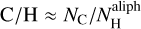 Mathematical equation: ${{\rm{C}} \mathord{\left/ {\vphantom {{\rm{C}} {\rm{H}}}} \right. \kern-\nulldelimiterspace} {\rm{H}}} \approx {{{N_{\rm{C}}}} \mathord{\left/ {\vphantom {{{N_{\rm{C}}}} {N_{\rm{H}}^{{\rm{aliph}}{\rm{.}}}}}} \right. \kern-\nulldelimiterspace} {N_{\rm{H}}^{{\rm{aliph}}{\rm{.}}}}}$