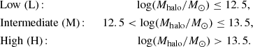 Mathematical equation: $$ \begin{aligned} \begin{aligned}&\mathrm {Low \ (L)}\!: \ \ \ \ \ \ \ \ \ \ \ \ \ \ \ \ \ \ \ \ \ \ \ \ \ \ \ \ \ \ \ \log (M_{\mathrm{halo} }/{M}_{\odot }) \le 12.5, \\&\mathrm {Intermediate \ (M)}\!: \ \ \ \ \ 12.5 < \log (M_{\mathrm{halo} }/{M}_{\odot }) \le 13.5, \\&\mathrm {High \ (H)}\!: \ \ \ \ \ \ \ \ \ \ \ \ \ \ \ \ \ \ \ \ \ \ \ \ \ \ \ \ \ \ \log (M_{\mathrm{halo} }/{M}_{\odot }) > 13.5. \end{aligned} \end{aligned} $$