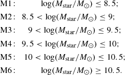 Mathematical equation: $$ \begin{aligned} \begin{aligned}&\mathrm M1\!: \ \ \ \ \ \ \ \ \ \ \ \log (M_{\mathrm{star} }/{M}_{\odot }) \le 8.5; \\&\mathrm M2\!: \ \ 8.5 < \log (M_{\mathrm{star} }/{M}_{\odot }) \le 9; \\&\mathrm M3\!: \ \ \ \ \ 9 < \log (M_{\mathrm{star} }/{M}_{\odot }) \le 9.5; \\&\mathrm M4\!: \ \ 9.5 < \log (M_{\mathrm{star} }/{M}_{\odot }) \le 10; \\&\mathrm M5\!: \ \ \ 10 < \log (M_{\mathrm{star} }/{M}_{\odot }) \le 10.5; \\&\mathrm M6\!: \ \ \ \ \ \ \ \ \ \ \ \log (M_{\mathrm{star} }/{M}_{\odot }) \ge 10.5. \\ \end{aligned} \end{aligned} $$