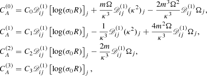 Mathematical equation: $$ \begin{aligned} \begin{aligned} C_A^{(0)}&= C_0 \fancyscript {D}_{ij}^{(1)} \left[\log (\sigma _0 R)\right]_{j} + \frac{m \Omega }{\kappa ^3} \fancyscript {D}_{ij}^{(1)} (\kappa ^2)_{j} - \frac{2 m^3 \Omega ^2}{\kappa ^3} \fancyscript {D}_{ij}^{(1)} \Omega _{j}, \\ C_A^{(1)}&= C_1 \fancyscript {D}_{ij}^{(1)} \left[\log (\sigma _0 R)\right]_{j} - \frac{1}{\kappa ^3} \fancyscript {D}_{ij}^{(1)} (\kappa ^2)_{j} + \frac{4 m^2 \Omega }{\kappa ^3} \fancyscript {D}_{ij}^{(1)} \Omega _{j}, \\ C_A^{(2)}&= C_2 \fancyscript {D}_{ij}^{(1)} \left[\log (\sigma _0 R)\right]_{j} - \frac{2m}{\kappa ^3} \fancyscript {D}_{ij}^{(1)} \Omega _{j}, \\ C_A^{(3)}&= C_3 \fancyscript {D}_{ij}^{(1)} \left[\log (\sigma _0 R)\right]_{j}, \end{aligned} \end{aligned} $$