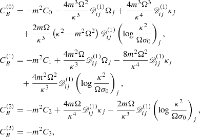 Mathematical equation: $$ \begin{aligned} \begin{aligned} C_B^{(0)}&= -m^2 C_0 - \frac{4 m^3 \Omega ^2}{\kappa ^3} \fancyscript {D}_{ij}^{(1)} \Omega _j + \frac{4 m^3 \Omega ^3}{\kappa ^4} \fancyscript {D}_{ij}^{(1)} \kappa _j \\&\quad + \frac{2 m \Omega }{\kappa ^3} \left( \kappa ^2 - m^2 \Omega ^2 \right) \fancyscript {D}_{ij}^{(1)} \left(\log \frac{\kappa ^2}{\Omega \sigma _0}\right)_j, \\ C_B^{(1)}&= -m^2 C_1 + \frac{4 m^2 \Omega }{\kappa ^3} \fancyscript {D}_{ij}^{(1)} \Omega _j - \frac{8 m^2 \Omega ^2}{\kappa ^4} \fancyscript {D}_{ij}^{(1)} \kappa _j \\&\quad + \frac{4 m^2 \Omega ^2}{\kappa ^3} \fancyscript {D}_{ij}^{(1)} \left(\log \frac{\kappa ^2}{\Omega \sigma _0}\right)_j, \\ C_B^{(2)}&= -m^2 C_2 + \frac{4 m \Omega }{\kappa ^4} \fancyscript {D}_{ij}^{(1)} \kappa _j - \frac{2 m \Omega }{\kappa ^3} \fancyscript {D}_{ij}^{(1)} \left(\log \frac{\kappa ^2}{\Omega \sigma _0}\right)_j, \\ C_B^{(3)}&= -m^2 C_3, \end{aligned} \end{aligned} $$