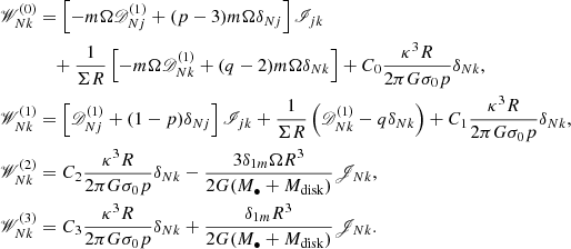 Mathematical equation: $$ \begin{aligned} \begin{aligned} \fancyscript {W}^{(0)}_{Nk}&= \left[ -m \Omega \fancyscript {D}_{Nj}^{(1)} + (p-3) m \Omega \delta _{Nj} \right] \fancyscript {I}_{jk} \\&\quad + \frac{1}{\Sigma R} \left[ -m \Omega \fancyscript {D}_{Nk}^{(1)} + (q-2) m \Omega \delta _{Nk} \right] + C_0 \frac{\kappa ^3 R}{2 \pi G \sigma _0 p} \delta _{Nk}, \\ \fancyscript {W}^{(1)}_{Nk}&= \left[ \fancyscript {D}_{Nj}^{(1)} + (1-p) \delta _{Nj} \right] \fancyscript {I}_{jk} + \frac{1}{\Sigma R} \left( \fancyscript {D}_{Nk}^{(1)} - q \delta _{Nk} \right) + C_1 \frac{\kappa ^3 R}{2 \pi G \sigma _0 p} \delta _{Nk}, \\ \fancyscript {W}^{(2)}_{Nk}&= C_2 \frac{\kappa ^3 R}{2 \pi G \sigma _0 p} \delta _{Nk} - \frac{3 \delta _{1m} \Omega R^3}{2 G (M_{\bullet } + M_{\rm disk})} \fancyscript {J}_{Nk}, \\ \fancyscript {W}^{(3)}_{Nk}&= C_3 \frac{\kappa ^3 R}{2 \pi G \sigma _0 p} \delta _{Nk} + \frac{\delta _{1m} R^3}{2 G (M_{\bullet } + M_{\rm disk})} \fancyscript {J}_{Nk}. \end{aligned} \end{aligned} $$