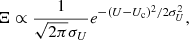 Mathematical equation: $$ \begin{aligned} \Xi \propto \frac{1}{\sqrt{2\pi } \sigma _U} e^{-(U - U_{\rm c})^2 / 2 \sigma _U^2}, \end{aligned} $$