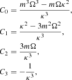Mathematical equation: $$ \begin{aligned} \begin{aligned} C_0&= \frac{m^3 \Omega ^3 - m \Omega \kappa ^2}{\kappa ^3}, \\ C_1&= \frac{\kappa ^2 - 3 m^2 \Omega ^2}{\kappa ^3}, \\ C_2&= \frac{3 m \Omega }{\kappa ^3}, \\ C_3&= -\frac{1}{\kappa ^3}, \end{aligned} \end{aligned} $$
