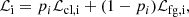 Mathematical equation: $$ \begin{aligned} \mathcal{L} _{\rm i} = p_i \mathcal{L} _{\rm cl,i} + (1-p_i) \mathcal{L} _{\rm fg,i}, \end{aligned} $$