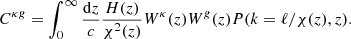 Mathematical equation: $$ \begin{aligned} C^{\kappa g} = \int ^{\infty }_0 \frac{\mathrm{d}z}{c}\frac{H(z)}{\chi ^2(z)}W^{\kappa }(z)W^{g}(z)P(k=\ell /\chi (z), z). \end{aligned} $$