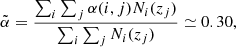 Mathematical equation: $$ \begin{aligned} \tilde{\alpha }=\frac{\sum _i \sum _j \alpha (i,j)N_i(z_j)}{\sum _i \sum _j N_i(z_j)}\simeq 0.30, \end{aligned} $$