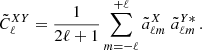Mathematical equation: $$ \begin{aligned} \tilde{C}^{XY}_{\ell } = \frac{1}{2\ell +1}\sum _{m=-\ell }^{+\ell } \tilde{a}^X_{\ell m}\;\tilde{a}^{Y*}_{\ell m}\,. \end{aligned} $$
