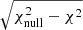Mathematical equation: $ \sqrt{\chi^2_{\mathrm{null}}-\chi^2} $