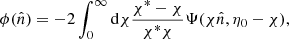 Mathematical equation: $$ \begin{aligned} \phi (\hat{n})=-2\int _{0}^{\infty } \mathrm{d}\chi \frac{\chi ^{*}-\chi }{\chi ^{*}\chi }\Psi (\chi \hat{n},\eta _0-\chi ), \end{aligned} $$