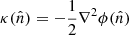 Mathematical equation: $ \kappa(\hat{n})=-\frac{1}{2}\nabla^2\phi(\hat{n}) $