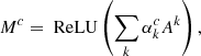 Mathematical equation: $$ \begin{aligned} M^c = \text{ ReLU}\left(\sum _k \alpha ^c_k A^k\right), \end{aligned} $$