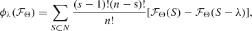 Mathematical equation: $$ \begin{aligned} \phi _{\lambda }(\mathcal{F} _\Theta )=\sum _{S \subset N} \frac{(s-1) !(n-\mathrm{s} ) !}{n !}[\mathcal{F} _\Theta (S)-\mathcal{F} _\Theta (S-\lambda )], \end{aligned} $$