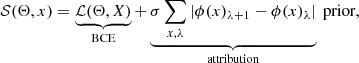 Mathematical equation: $$ \begin{aligned} \mathcal{S} (\Theta , x) = \underbrace{\mathcal{L} (\Theta , X)}_\text{BCE} + \underbrace{\sigma \sum _{x,\lambda }| \phi (x)_{\lambda +1} - \phi (x)_\lambda |}_\text{attribution} \text{ prior}, \end{aligned} $$
