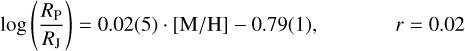 Mathematical equation: $\matrix{ {\log \left( {{{{R_{\rm{P}}}} \over {{R_{\rm{J}}}}}} \right) = 0.02\left( 5 \right) \cdot \left[ {{{\rm{M}} \mathord{\left/ {\vphantom {{\rm{M}} {\rm{H}}}} \right. \kern-\nulldelimiterspace} {\rm{H}}}} \right] - 0.79\left( 1 \right),} &amp; {r = 0.02} \cr }$