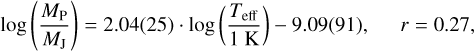 Mathematical equation: $\matrix{ {\log \left( {{{{M_{\rm{P}}}} \over {{M_{\rm{J}}}}}} \right) = 2.04\left( {25} \right) \cdot \log \left( {{{{T_{{\rm{eff}}}}} \over {1\,\,{\rm{K}}}}} \right) - 9.09\left( {91} \right),} &amp; {r = 0.27,} \cr }$