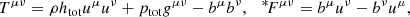 Mathematical equation: $$ \begin{aligned} T^{\mu \nu }=\rho h_{\rm tot}u^\mu u^\nu +p_{\rm tot} g^{\mu \nu }-b^\mu b^\nu , \ \ \ ^{*}\!F^{\mu \nu }=b^\mu u^\nu -b^\nu u^\mu , \end{aligned} $$
