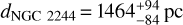 Mathematical equation: ${d_{{\rm{NGC}}\,\,2244}} = 1464_{ - 84}^{ + 94}{\rm{pc}}$