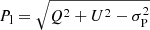 Mathematical equation: $ P_{\mathrm{l}} = \sqrt{Q^2+U^2-\sigma^2_{\mathrm{P}}} $