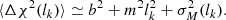 Mathematical equation: $$ \begin{aligned} \langle \Delta \chi ^2(l_k)\rangle \simeq b^2 + m^2 l_k^2 + \sigma ^2_M(l_k). \end{aligned} $$