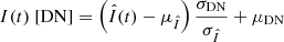 Mathematical equation: $$ \begin{aligned} I(t)\ [\mathrm{DN} ] = \left(\hat{I}(t) - \mu _{\hat{I}}\right)\frac{\sigma _\mathrm{DN} }{\sigma _{\hat{I}}} + \mu _\mathrm{DN} \end{aligned} $$