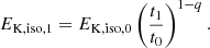 Mathematical equation: $$ \begin{aligned} E_{\rm K,iso,1} = E_{\rm K,iso,0}\left(\frac{t_1}{t_0}\right)^{1-q}. \end{aligned} $$
