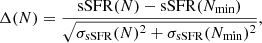 Mathematical equation: $$ \begin{aligned} \Delta (N) = \frac{ \mathrm{sSFR} (N) - \mathrm{sSFR} (N_\mathrm{min} ) }{ \sqrt{ \sigma _\mathrm{sSFR} (N)^2 + \sigma _\mathrm{sSFR} (N_\mathrm{min} )^2 } }, \end{aligned} $$