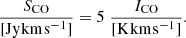 Mathematical equation: $$ \begin{aligned} \frac{{{S_{{\rm{CO}}}}}}{{[{\rm{Jy}}{\mkern 1mu} {\rm{km}}{\mkern 1mu} {{\rm{s}}^{ - 1}}]}} = 5\;\frac{{{I_{{\rm{CO}}}}}}{{[{\rm{K}}{\mkern 1mu} {\rm{km}}{\mkern 1mu} {{\rm{s}}^{ - 1}}]}}. \end{aligned} $$