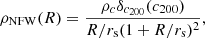 Mathematical equation: $$ \begin{aligned} \rho _{\mathrm{NFW} } (R) = \frac{\rho _{c} \delta _{c_{200}} (c_{200})}{R/r_{\rm s}(1+R/r_{\rm s})^{2}} ,\end{aligned} $$