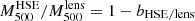 Mathematical equation: $ M_{500}^\mathrm{{HSE}}/M_{500}^\mathrm{{lens}} = 1 - b_{\mathrm{HSE/lens}} $
