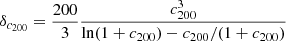 Mathematical equation: $ \delta_{c_{200}} = \frac{200}{3}\frac{c_{200}^{3}}{\mathrm{ln}(1+c_{200}) - c_{200}/(1+c_{200})} $