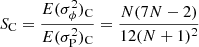 Mathematical equation: $$ \begin{aligned} S_{\rm C} = {E(\sigma _\phi ^2)_{\rm C}\over E(\sigma _{\rm P}^2)_{\rm C}} = {N(7N-2)\over 12(N+1)^2} \end{aligned} $$